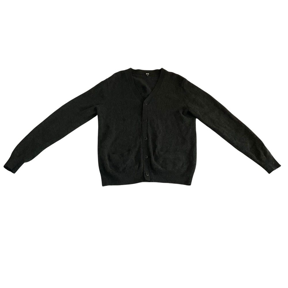 Uniqlo Cardigan Mens M Charcoal Grey 100% Wool V-Neck Button Front 351-460941